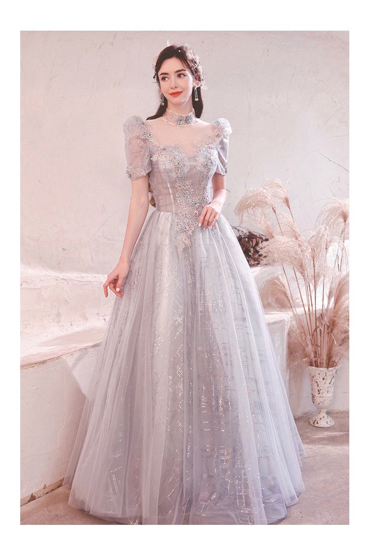 High Neck Short Sleeves Grey Sequined Long Prom Dress - $155.988 # ...