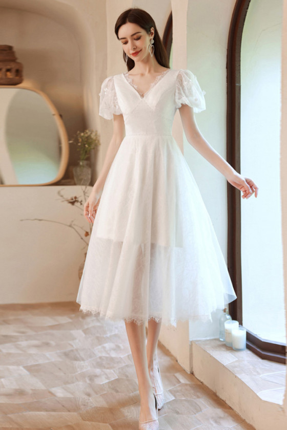 Tea Length Ivory Lace Hoco Wedding Reception Dress with Vneck Sleeves