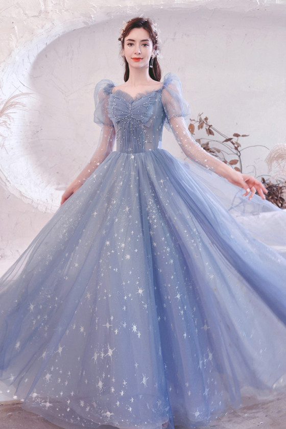 Fantasy Mist Blue Bling Star Tulle Prom Dress with Long Sleeves