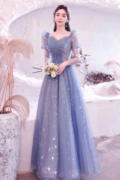 Fantasy Mist Blue Bling Star Tulle Prom Dress with Long Sleeves - $155. ...