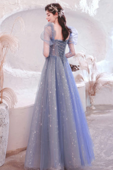 Fantasy Mist Blue Bling Star Tulle Prom Dress with Long Sleeves - $155. ...