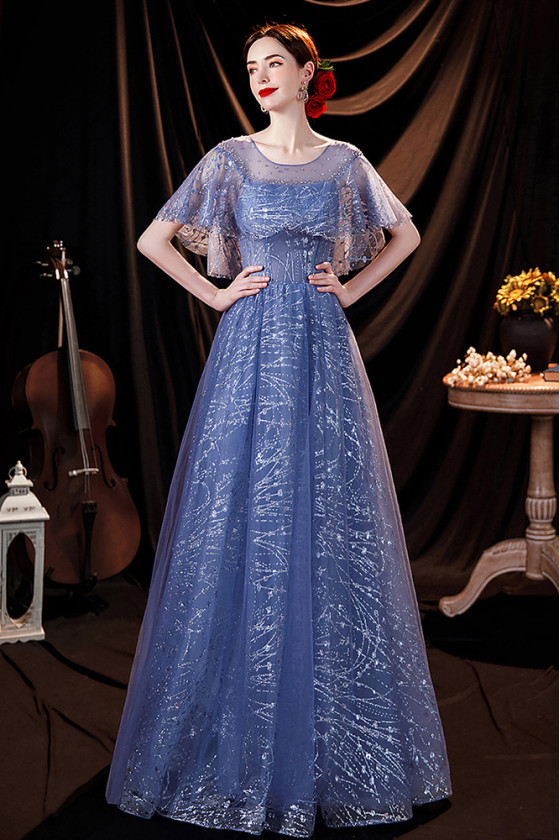 Modest Bling All Sequin Lace Aline Blue Prom Dress with Illusion Cape Sleeves