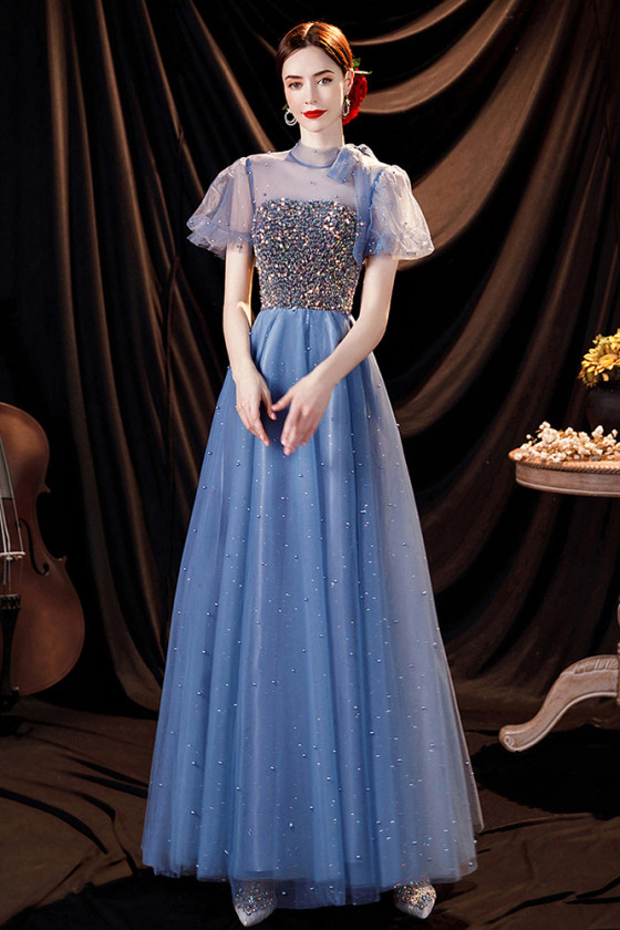 Modest Aline Long Blue Beaded Sleeve Prom Dress with Colorful Sequins