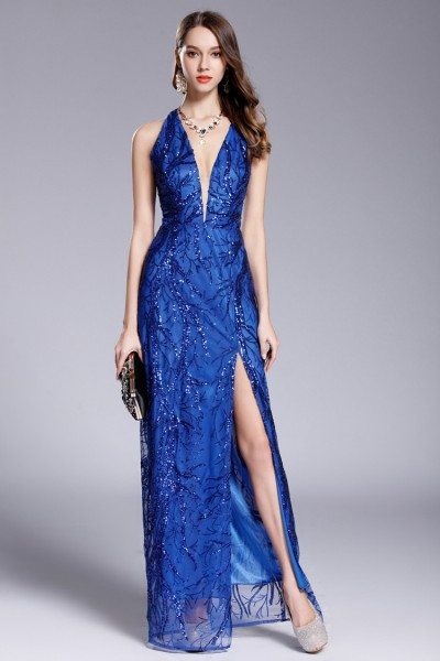 Blue Sequins Deep V-neck Slit Prom Dress