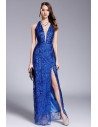 Blue Sequins Deep V-neck Slit Prom Dress