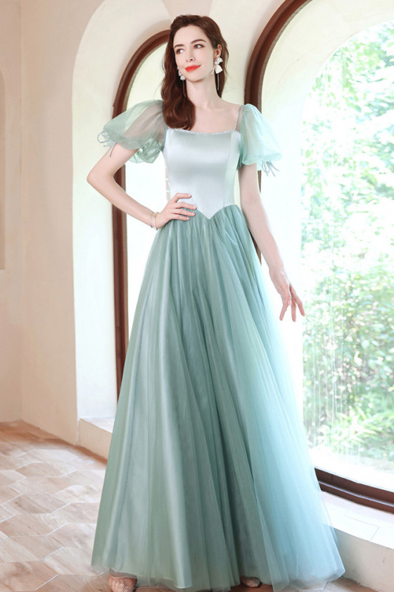 Elegant Simple Tulle Mist Green Prom Dress Square Neck with Short Tulle Sleeves