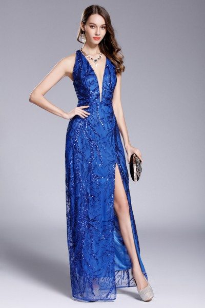 Blue Sequins Deep V-neck Slit Prom Dress - $119 #CK649 - SheProm.com