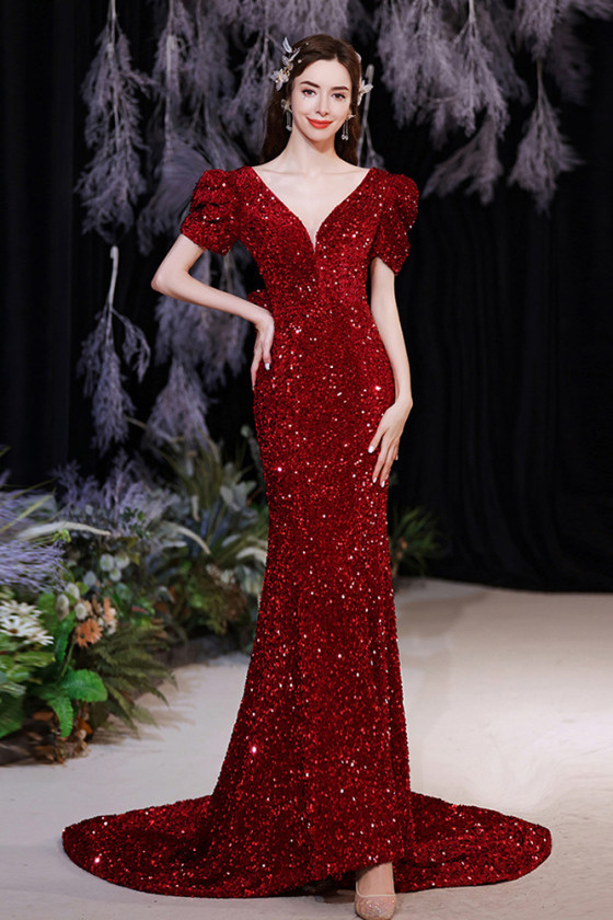 Formal Red Sequins Mermaid Vneck Prom Dress with Train