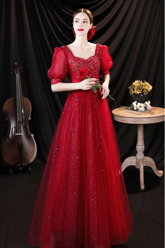 Shiny Tulle Burgundy Long Prom Dress Square Neck with Bubble Sleeves