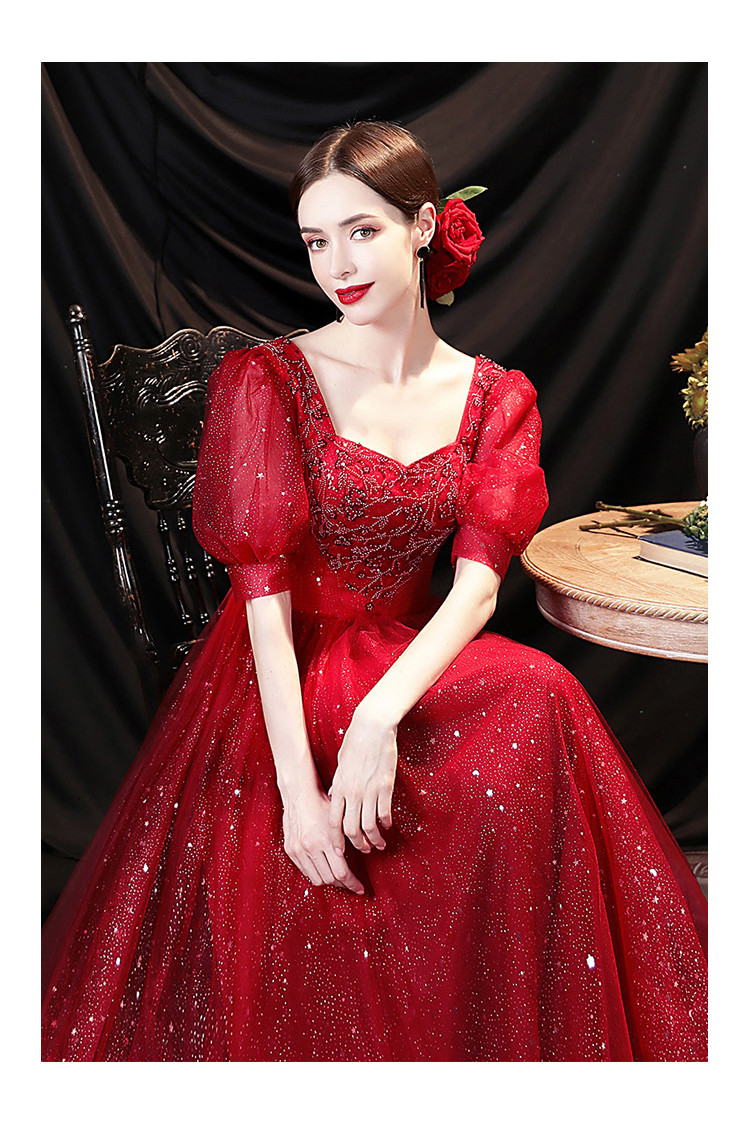 Shiny Tulle Burgundy Long Prom Dress Square Neck with Bubble Sleeves ...