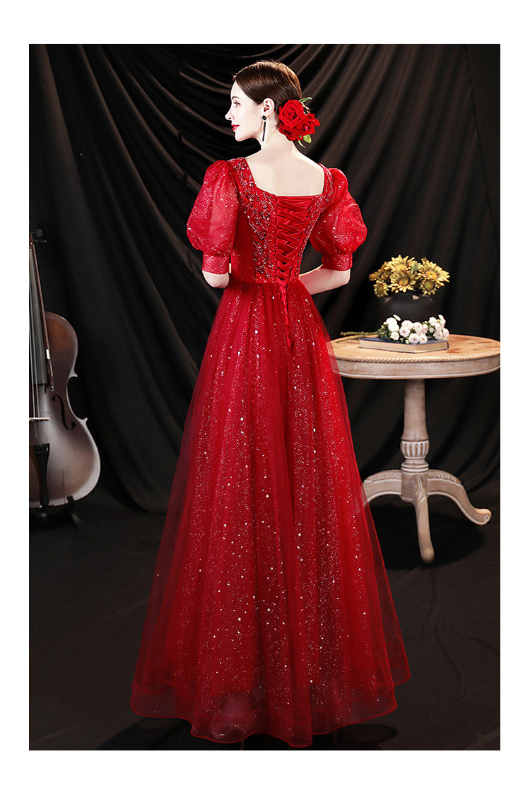 Shiny Tulle Burgundy Long Prom Dress Square Neck with Bubble Sleeves ...