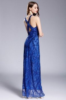 Blue Sequins Deep V-neck Slit Prom Dress - CK649