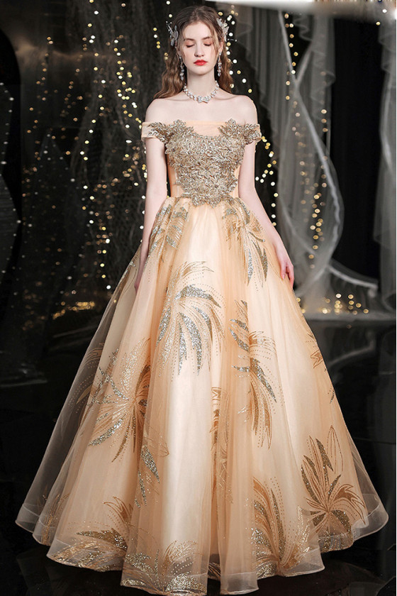 Off Shoulder Luxury Stunning Prom Dress Ball Gown with Gold Sequins ...