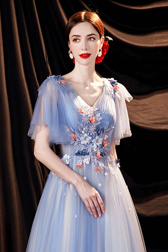 Pretty Tulle Flowy Blue Aline Prom Dress with Flowers - $133.992 #P74150 - SheProm.com Pretty Tulle Flowy Blue Aline Prom Dress with Flowers - $133.992 #P74150 - SheProm.com