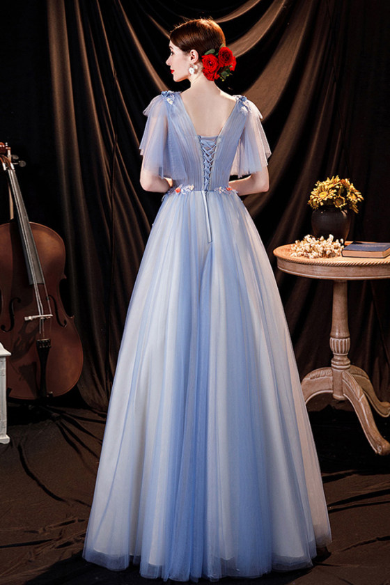 Pretty Tulle Flowy Blue Aline Prom Dress with Flowers - $133.992 # ...