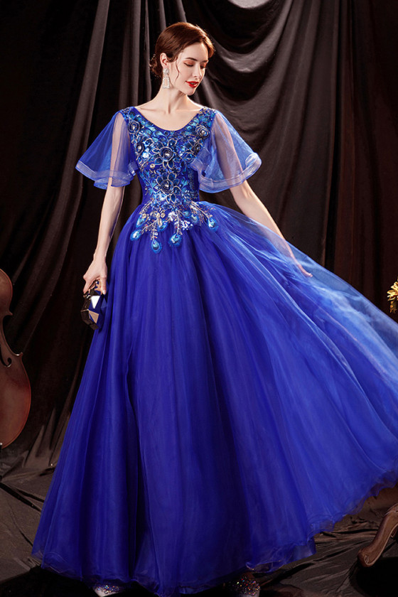 Blue Ballgown Tulle Party Prom Dress with Peacock Patterns