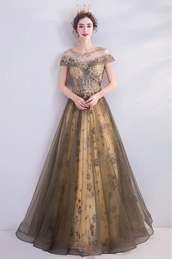 Fantasy Tulle Sequin Lace Ball Gown Prom Dress with Illusion Cap Sleeves