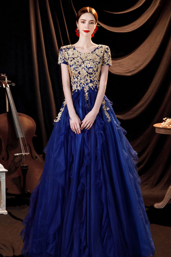 Blue with Gold Ballgown Prom Dress with Embroidery Short Sleeves