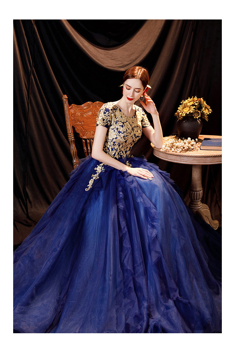 Off-the-Shoulder Gold Lace Royal Blue Ball Gown 7024RB – Sparkly Gowns