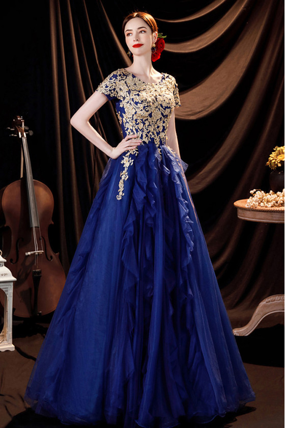 Blue with Gold Ballgown Prom Dress with Embroidery Short Sleeves - $169 ...