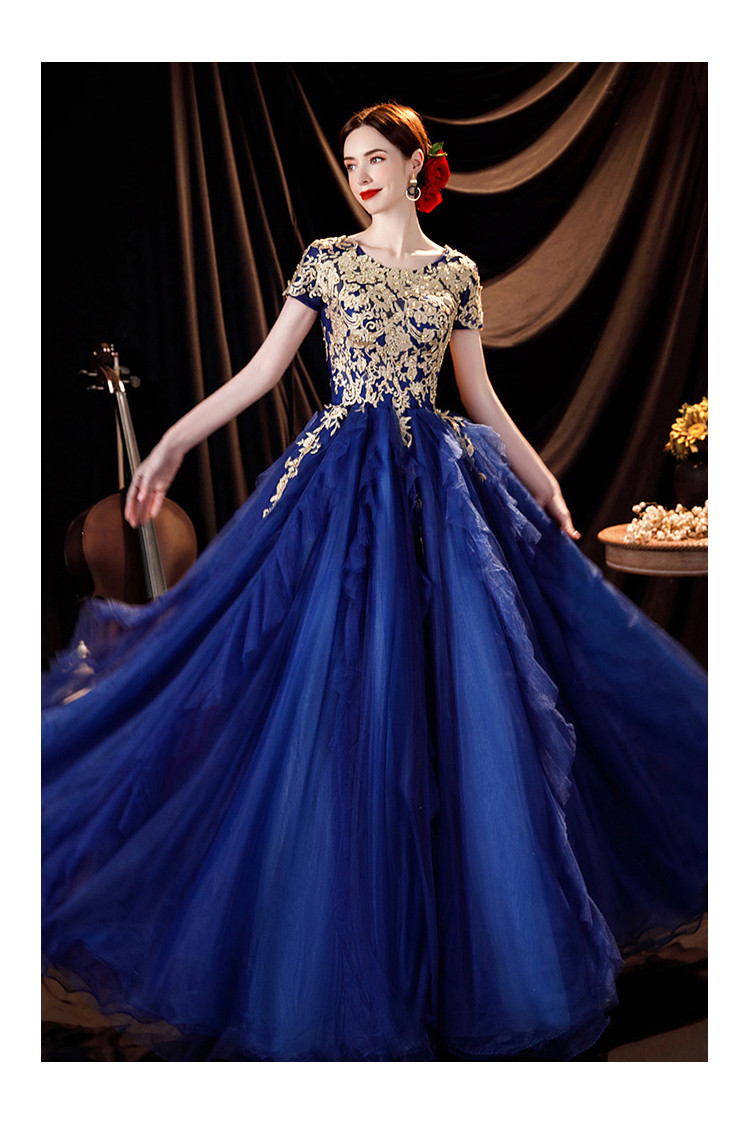 Blue with Gold Ballgown Prom Dress with Embroidery Short Sleeves - $169 ...