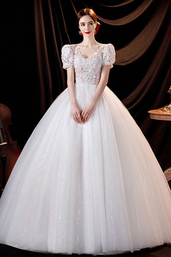 Fairytale Shiny Tulle Ballgown Princess Prom Wedding Dress with Lace Beading Top