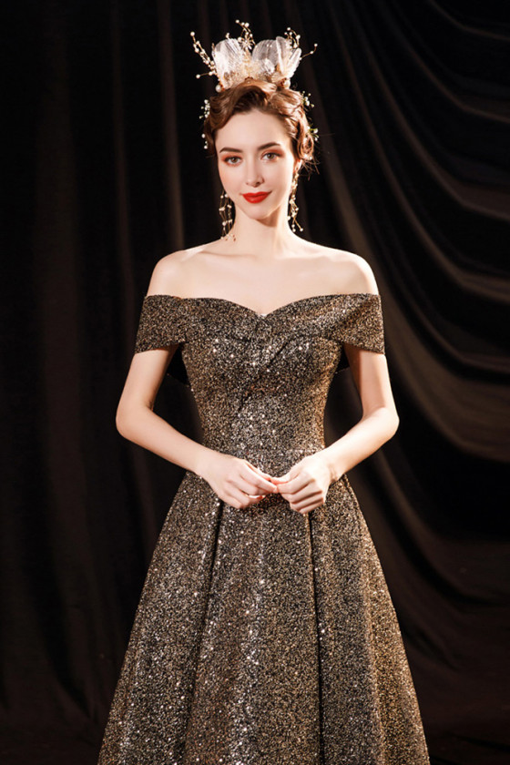 Simple Elegant Bling Black Long Prom Dress with Off Shoulder Straps -  $172.692 #P74020 - SheProm.com