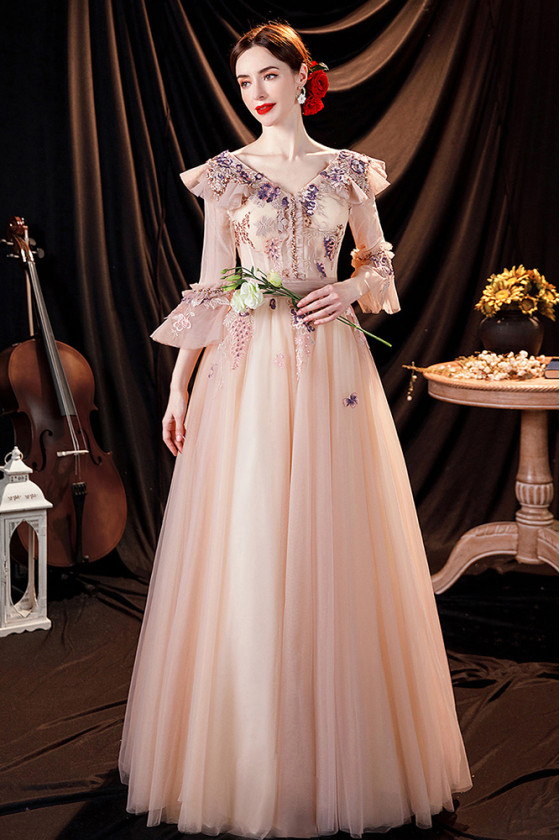 3/4 Sleeves Elegant Pink Tulle Long Prom Dress Vneck with Colorful Applique