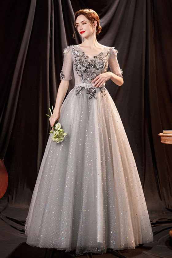 Nice Grey Shiny Tulle Mesh Ball Gown Prom Dress with Sequin Patterns