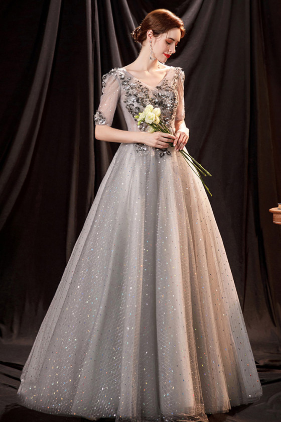 Nice Grey Shiny Tulle Mesh Ball Gown Prom Dress with Sequin Patterns ...