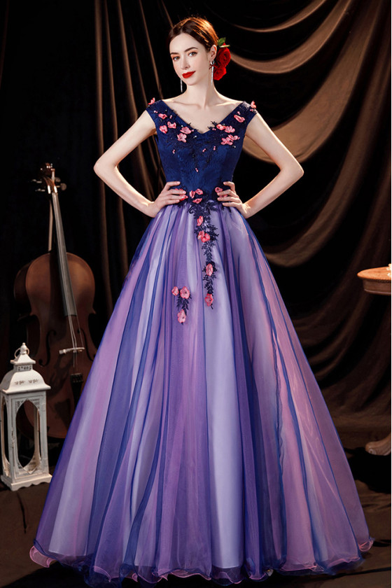 Beautiful Blue Purple Ballgown Prom Dress with Flowers