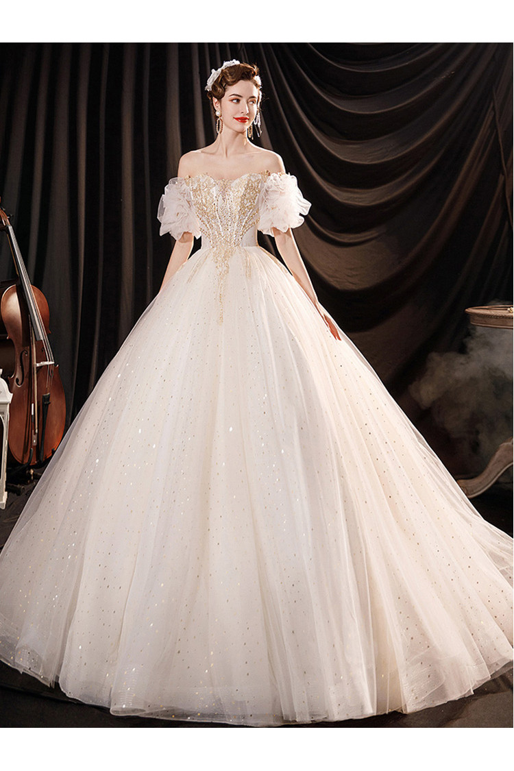 Luxury Ball Gown Off Shoulder Wedding Dress with Gold Sequins - $205. ...