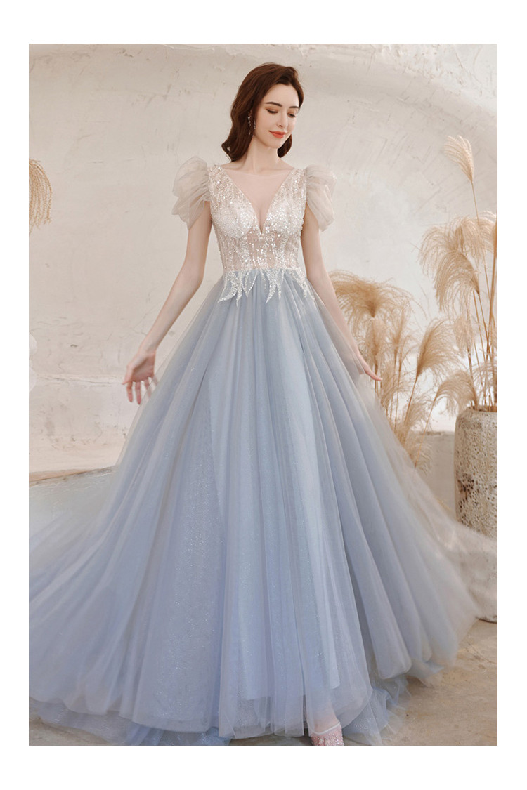 Gorgeous Deep Vneck Blue Tulle Illusion Prom Dress with Beading Top ...