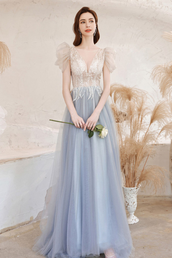 Gorgeous Deep Vneck Blue Tulle Illusion Prom Dress with Beading Top