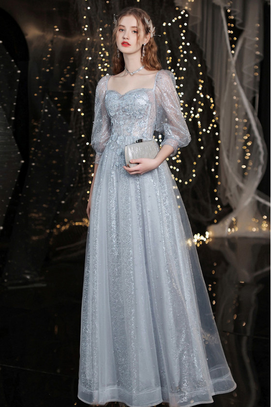 Cute Silver Lace Square Neck Prom Dress With 3 4 Lantern Sleeves - $126 