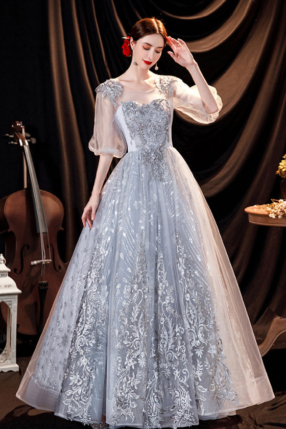 Gray Lace Sheer Half Sleeve Prom Party Dress