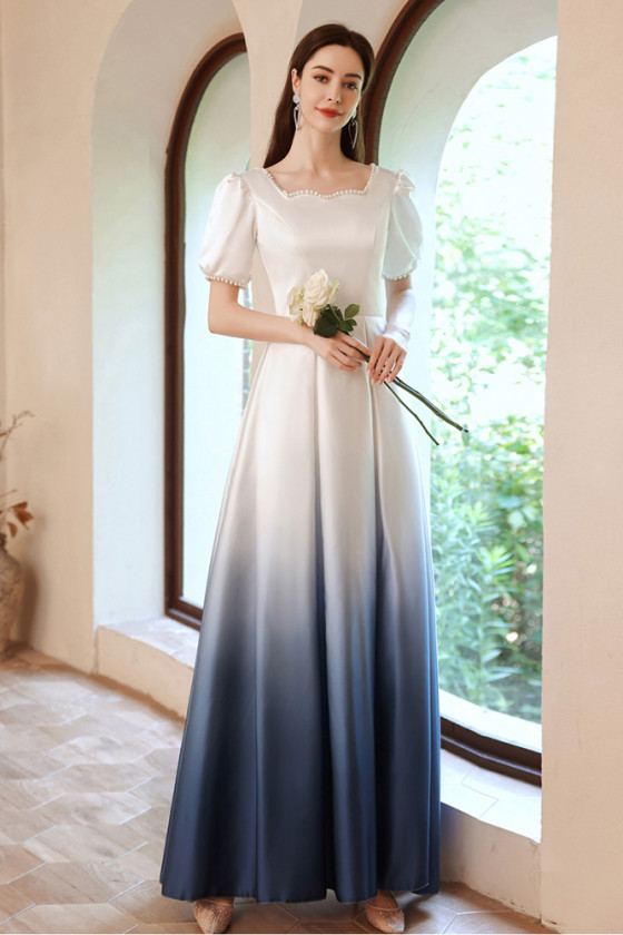Blue White Aline Ombre Prom Dress with Square Neckline
