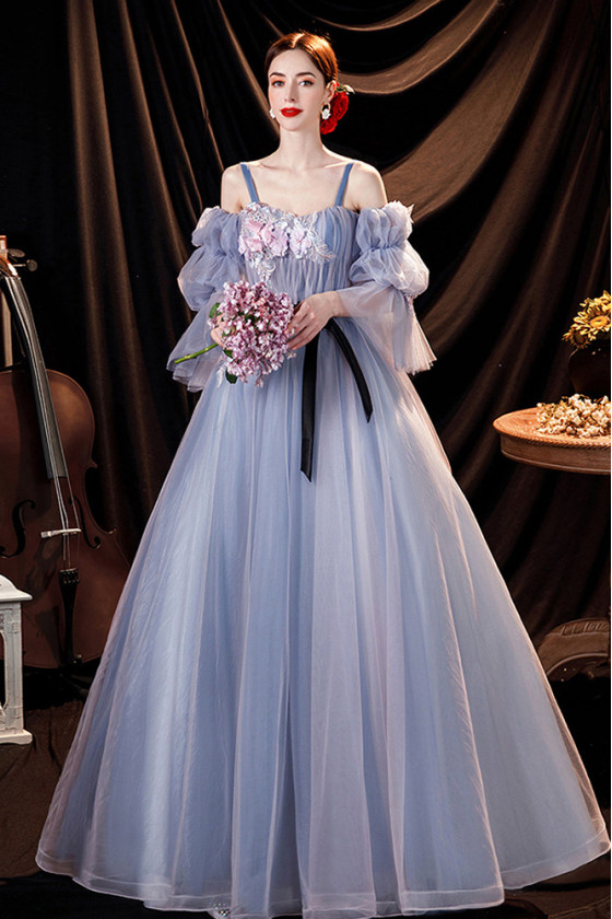 Off Shoulder Lantern Sleeve Ballgown Tulle Formal Prom Dress with Lace Flowers