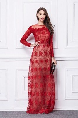 Red Lace Long Sleeve Organza Formal Dress