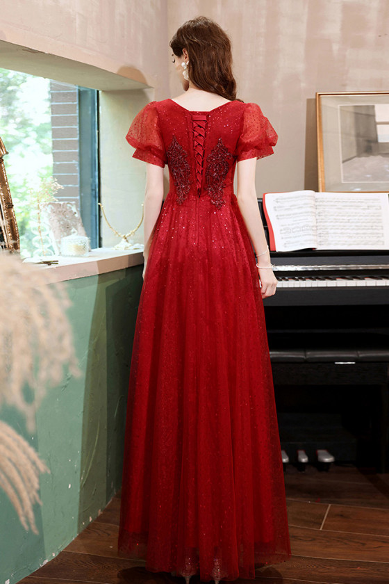 Short Sleeves Long Formal Red Aline Prom Dress with Beaded Appliques -  $126.3888 #P74074 - SheProm.com