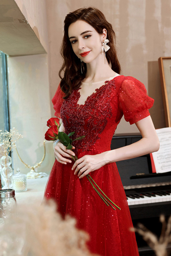 Short Sleeves Long Formal Red Aline Prom Dress with Beaded Appliques ...