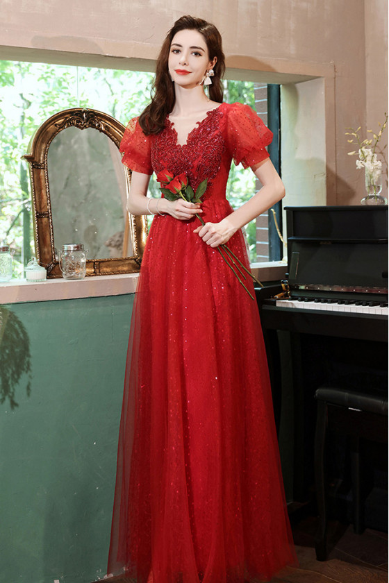 Short Sleeves Long Formal Red Aline Prom Dress with Beaded Appliques