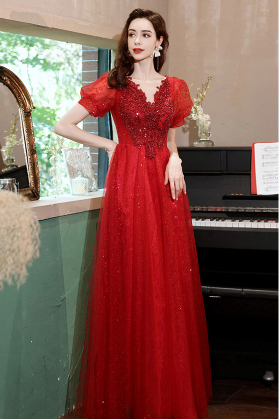 Short Sleeves Long Formal Red Aline Prom Dress with Beaded Appliques ...