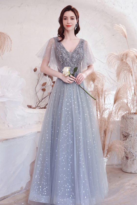 Elegant Bling Tulle Long Grey Vneck Prom Dress with Beading Applique