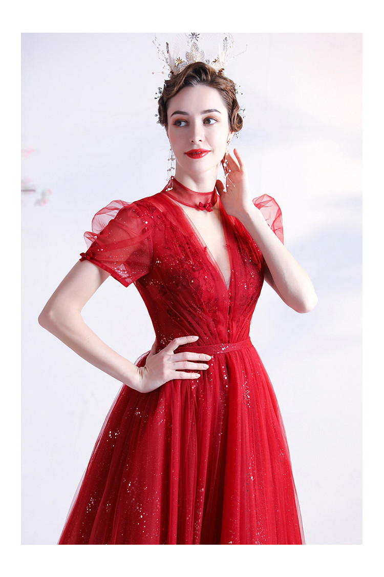 Shiny Sequin Red Tulle Ankle Length Prom Dress with Short Sleeves ...