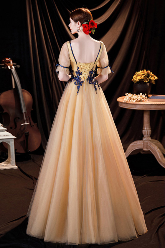 Flowy Gold Tulle Long Prom Dress with Bubble Sleeves 140.688