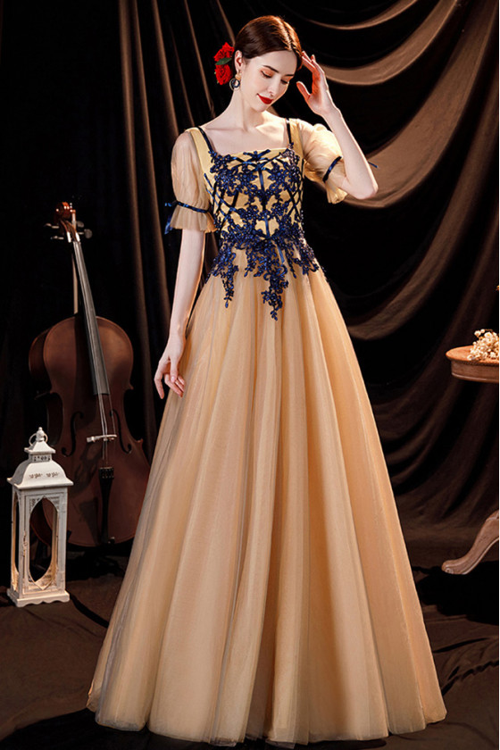 Flowy Gold Tulle Long Prom Dress with Bubble Sleeves