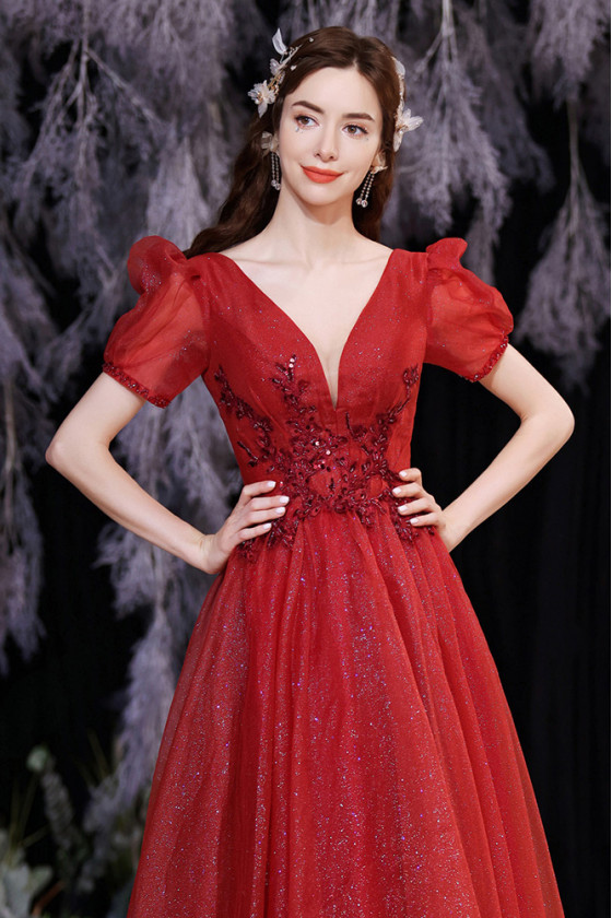 Elegant Shiny Tulle Red Prom Dress with V Neck - $137.3904 #P74031 ...