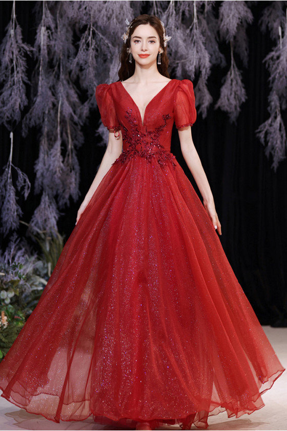 Elegant Shiny Tulle Red Prom Dress with V Neck