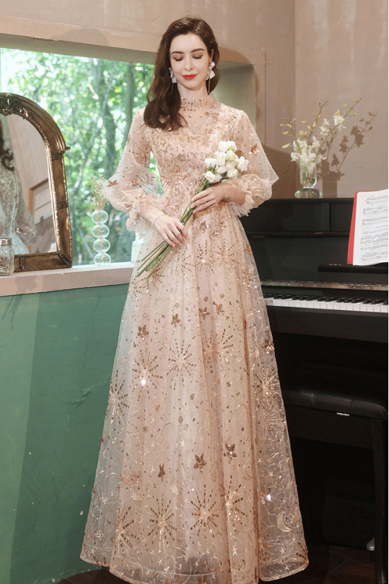 Modest High Neck Champagne Sequined Bling Star Prom Dress with Sheer Long Sleeves
